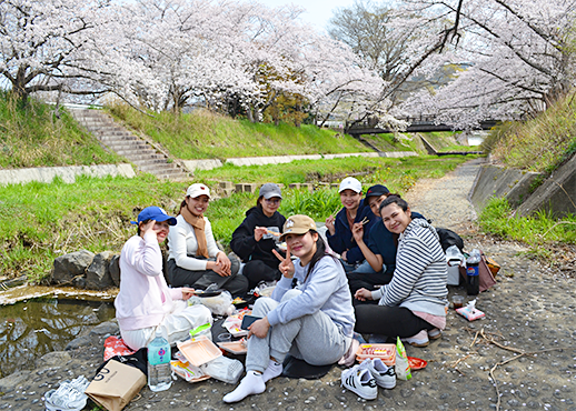 井手町でお花見を楽しむ外国人グループ